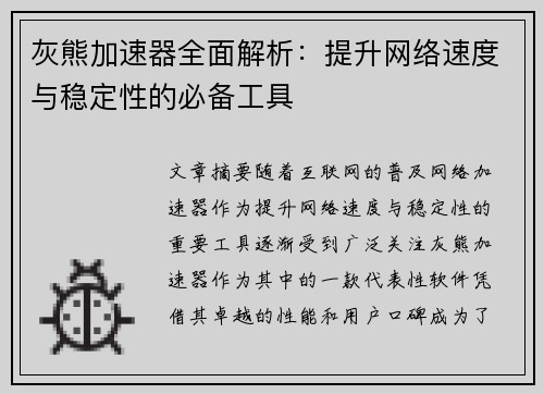 灰熊加速器全面解析：提升网络速度与稳定性的必备工具
