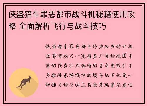 侠盗猎车罪恶都市战斗机秘籍使用攻略 全面解析飞行与战斗技巧